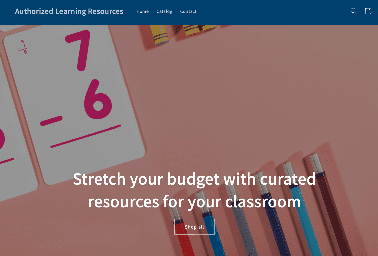 The new Authorized Learning Resources ecommerce storefront, showing a modern product browsing interface with the tagline Stretch your budget with curated resources for your classroom