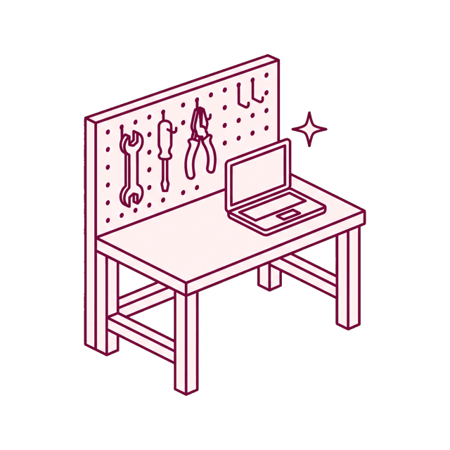 cartoon workbench with tools and a computer