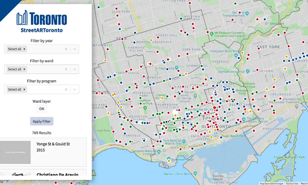 The StreetARToronto web map displaying the locations of street art in Toronto.