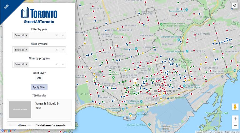 The StreetARToronto web map displaying the locations of street art in Toronto.