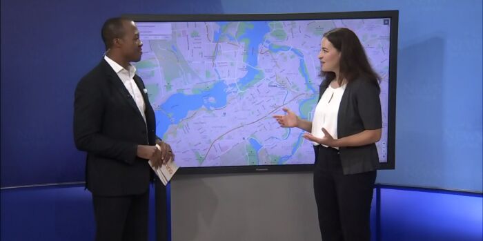 Heather Shearer, President of Bike Ottawa, discussing the group’s interactive maps on CTV News Ottawa.
