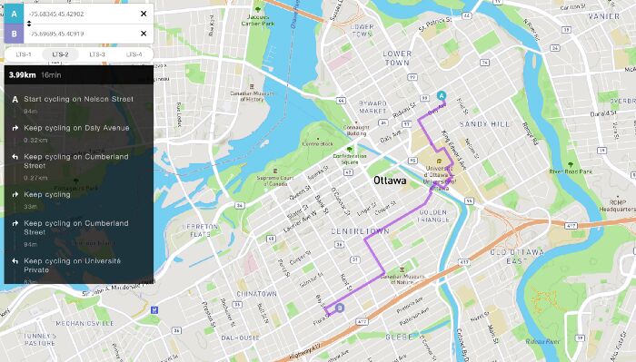 Bike Ottawa’s routing map provides cycling directions based on level of comfort.