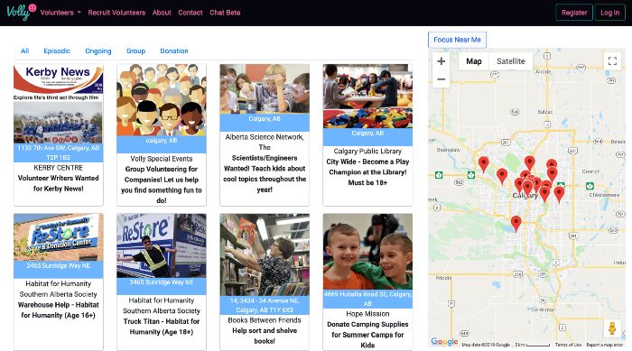 The Volly homepage showing available volunteer opportunities and a map of their locations.