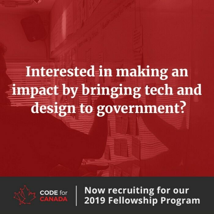 One of our promotional posters for 2019 fellowship recruitment. Our third recruitment campaign was our most successful to date, garnering 334 applications. [Accessible caption: a poster that reads ‘Interested in making an impact by bringing tech and design to government?’]