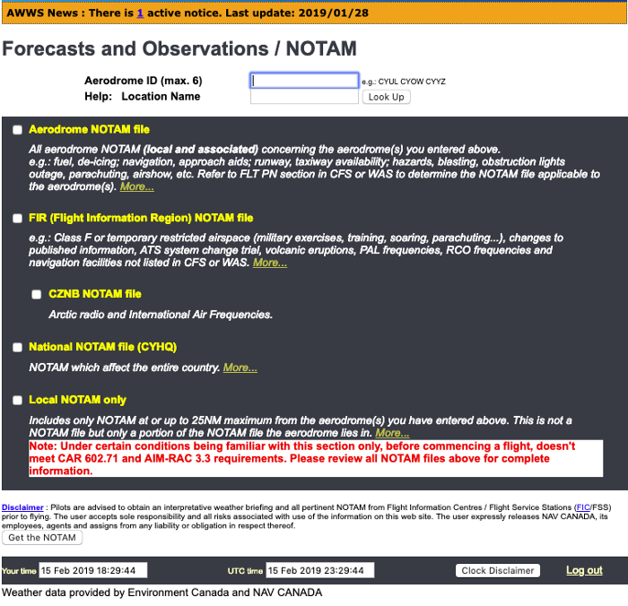 A screen capture of the Canadian website for checking checking Notices to Airmen, or what’s colloquially known as NOTAMs.