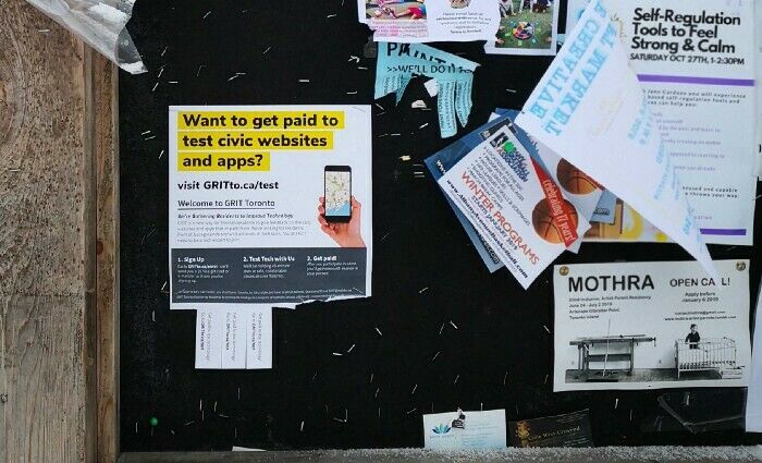 As part of our inclusive recruitment strategy, GRIT Toronto flyers were posted all over the city to attract testers. (Photo courtesy of Dorothy Eng)