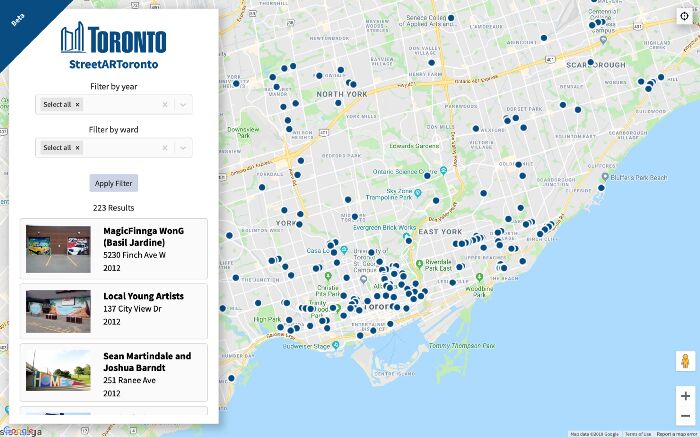 The beta version of StreetARToronto’s web map, showing the location of murals across Toronto.