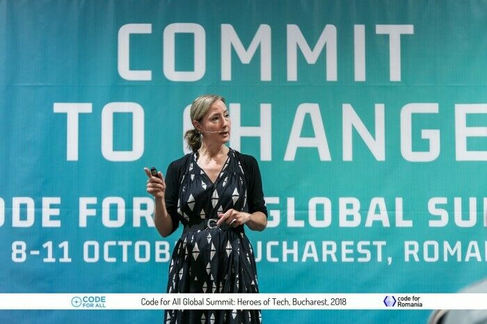 Hivos’ Vanessa Herringshaw delivered a provocative keynote at the Code for All Summit, urging civic tech practitioners to be more mindful of the negative externalities of technology. (Photo courtesy of Code for Romania)