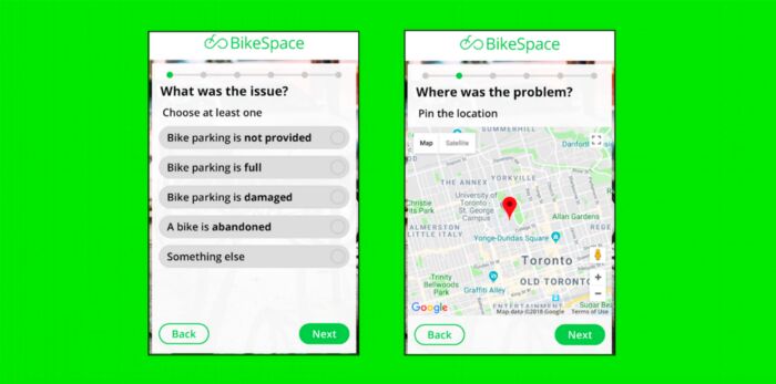 BikeSpace’s mobile interface enables cyclists to quickly and easily report bicycle parking issues across Toronto.