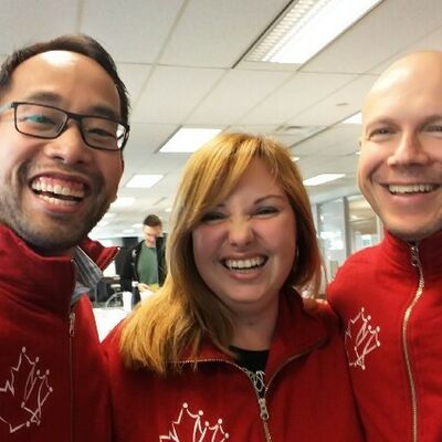 From left: The 2017 Federal fellowship team (Daniel Tse, Raluca Ene and Leon Lukashevsky) rock their new Code for Canada track jackets!