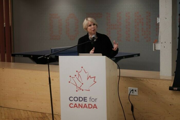 Ontario’s Minister responsible for Digital Government, Deb Matthews, introduces Code for Canada at the organization’s launch in Toronto on April 5, 2017. (Photo: Alex Chen)