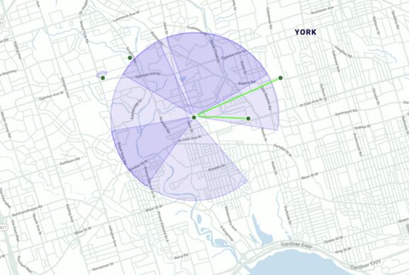 An overhead map of Toronto’s York-Crosstown Neighbourhood, with a circle showing the size of the current Toronto Mesh network in the area. (Image courtesy of Toronto Mesh)