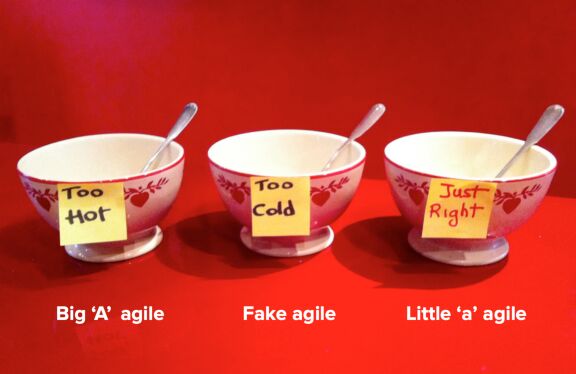 Agile’s “Goldilocks” problem. Full-on “big ‘A’ agile” frameworks are often more than most regular teams need — but a desire to simply be more “nimble,” without the supporting team practices behind it, doesn’t work either. Instead, teams can adopt “agile lite” or “little ‘a’ agile.”