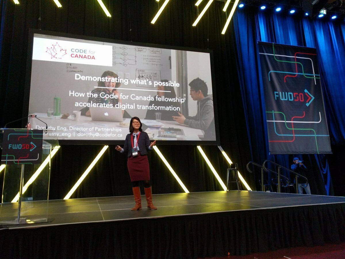 Dorothy Eng speaking on stage at FWD50