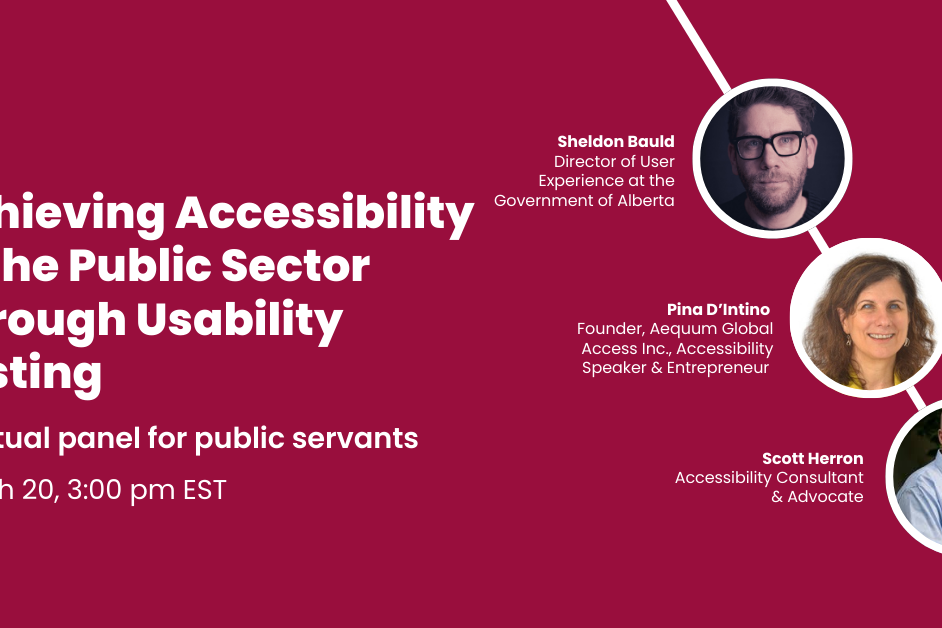 Promotional banner for a virtual panel on "Achieving Accessibility in the Public Sector Through Usability Testing," featuring three speakers with their names and titles, scheduled for March 20, 3:00 pm EST.