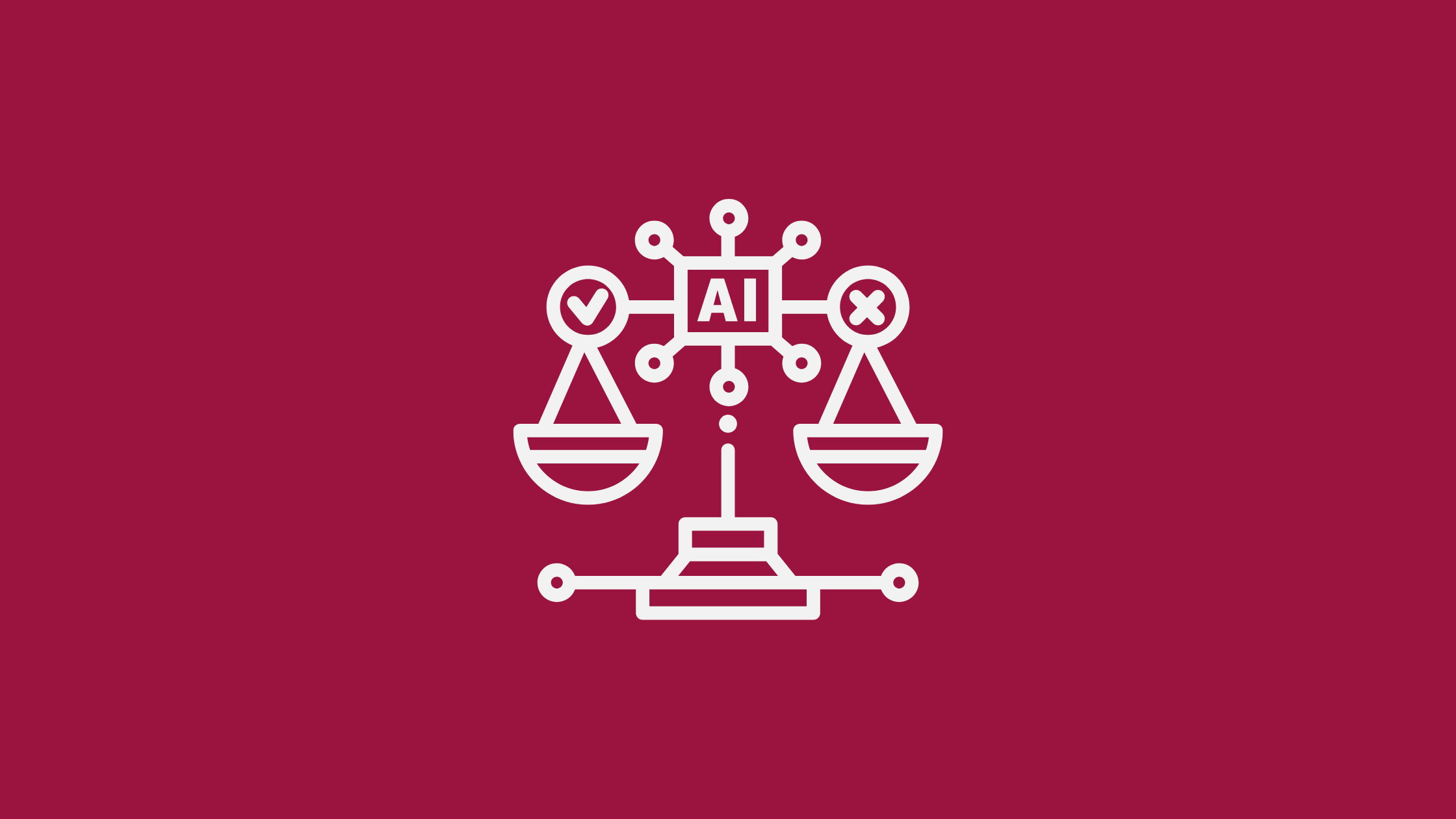 A white AI themed justice scale icon on a maroon background