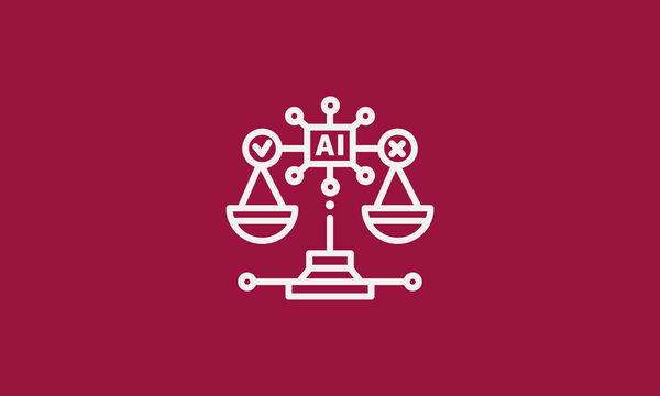 A white AI themed justice scale icon on a maroon background