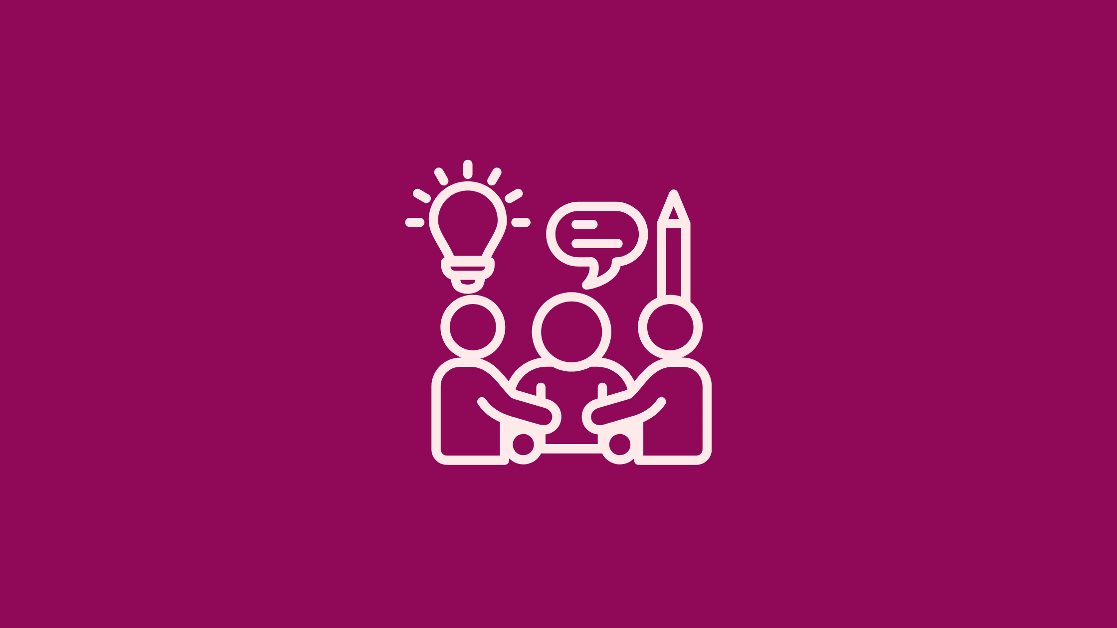An illustration of three people with a lightbulb, speech bubble and pencil above them