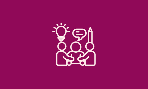 An illustration of three people with a lightbulb, speech bubble and pencil above them