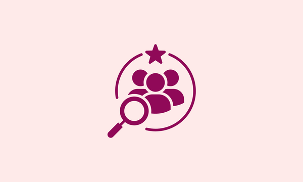 A purple circle with a magnifying glass and a star in the center