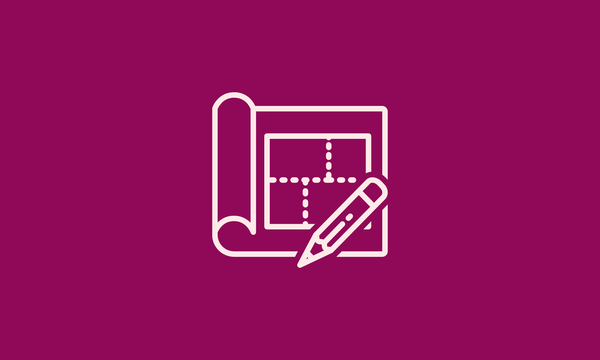 An icon of a blueprint with a pencil and paper