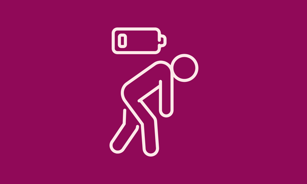 An icon of a slouching tired person with an image of a low battery above them