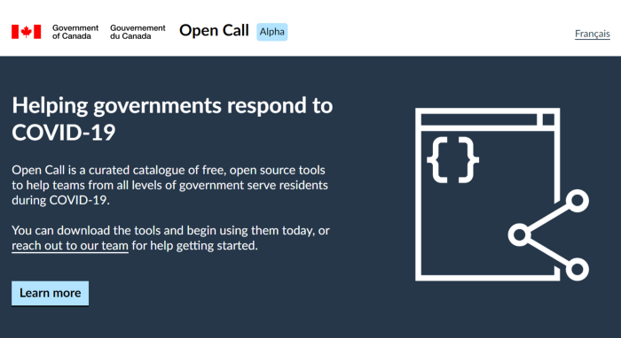 A screenshot of the Open Call homepage. The catalogue includes open source digital tools governments can use to ensure residents and businesses are safe, informed and engaged during COVID-19.
