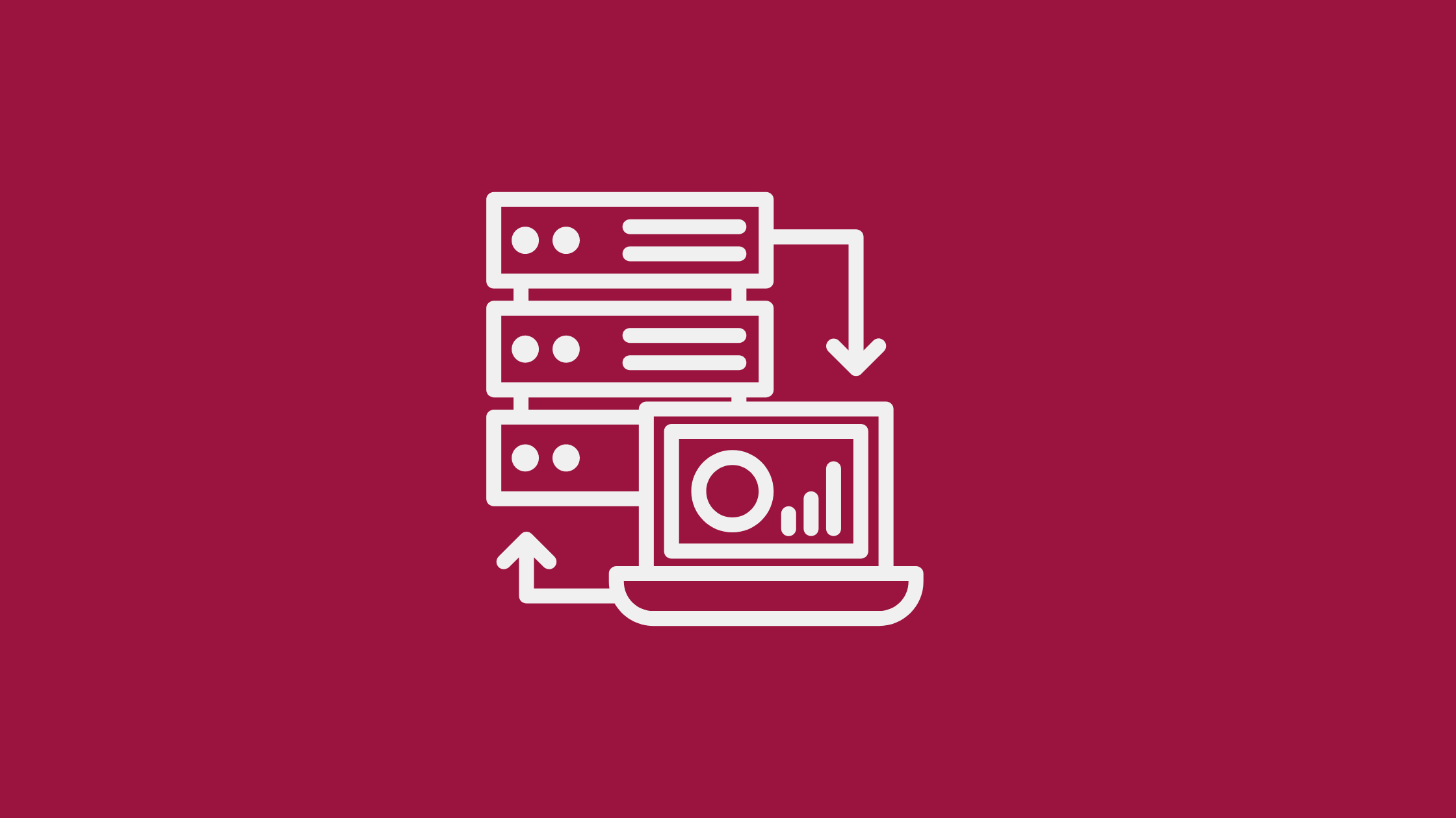 Icon of servers and a laptop with data charts connected by arrow, symbolizing data transfer